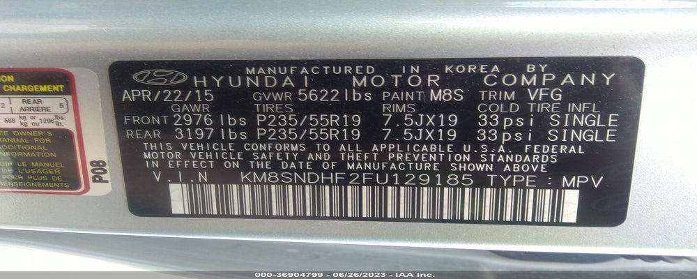KM8SNDHF2FU129185 2015 HYUNDAI SANTA FE photo no. 9