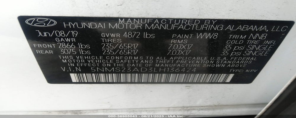 5NMS23AD3LH136424 2020 HYUNDAI SANTA FE photo no. 9