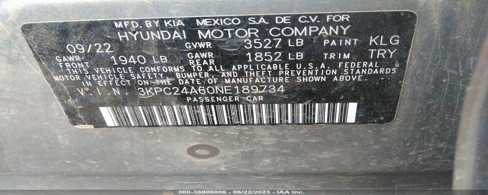 3KPC24A60NE189734 2022 HYUNDAI ACCENT photo no. 9