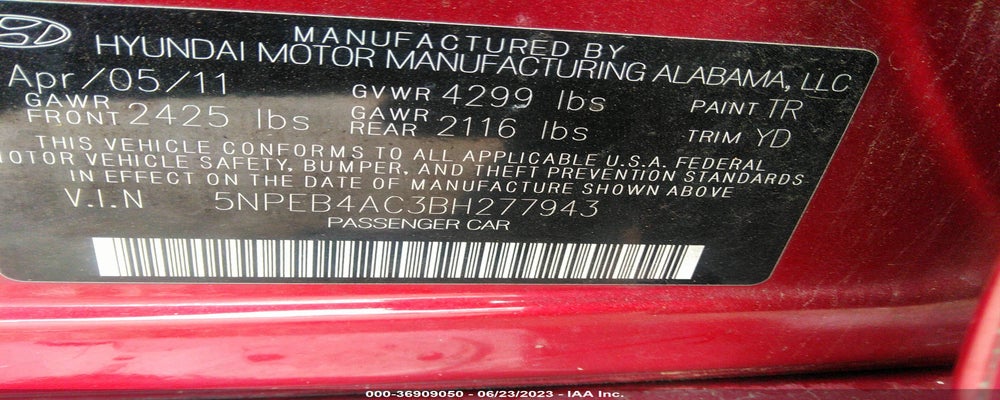 5NPEB4AC3BH277943 2011 HYUNDAI SONATA photo no. 9
