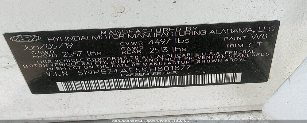 5NPE24AF5KH801877 2019 HYUNDAI SONATA photo no. 9