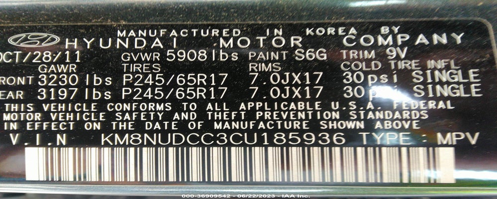 KM8NUDCC3CU185936 2012 HYUNDAI VERACRUZ photo no. 9