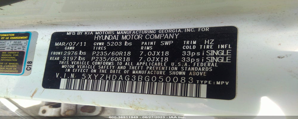 5XYZHDAG3BG050083 2011 HYUNDAI SANTA FE photo no. 9