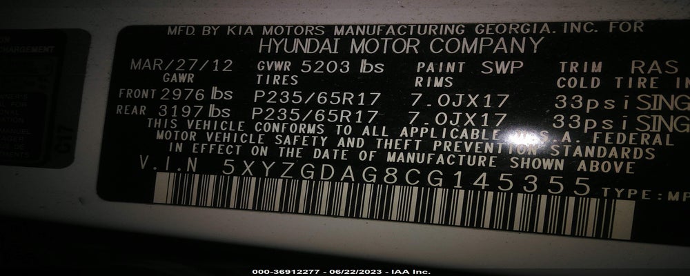 5XYZGDAG8CG145355 2012 HYUNDAI SANTA FE photo no. 9