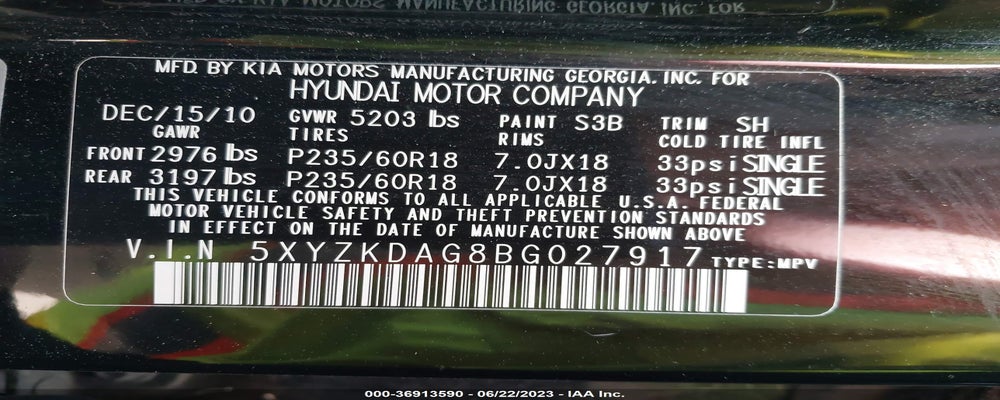 5XYZKDAG8BG027917 2011 HYUNDAI SANTA FE photo no. 9