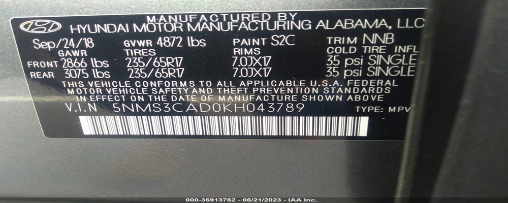5NMS3CAD0KH043789 2019 HYUNDAI SANTA FE photo no. 9