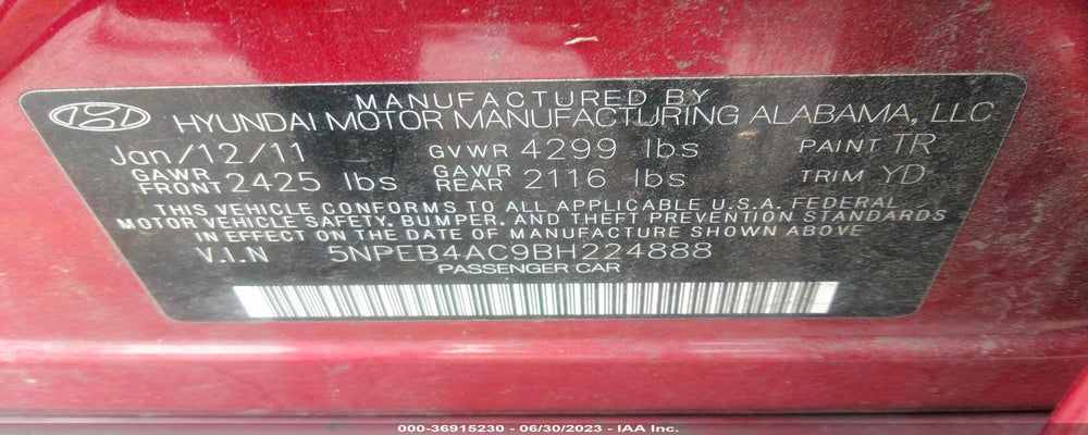 5NPEB4AC9BH224888 2011 HYUNDAI SONATA photo no. 9