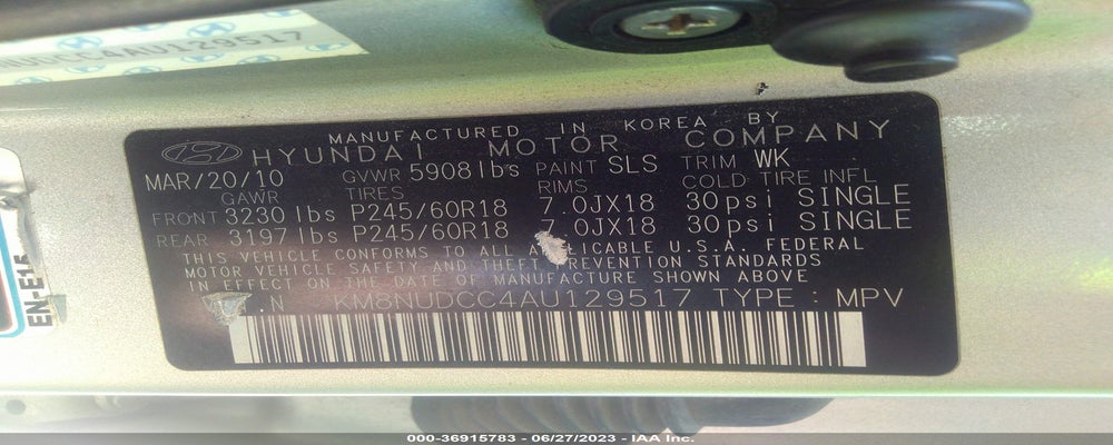 KM8NUDCC4AU129517 2010 HYUNDAI VERACRUZ photo no. 9