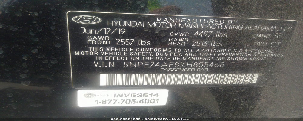 5NPE24AF8KH805468 2019 HYUNDAI SONATA photo no. 9