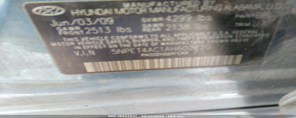 5NPET4AC1AH602620 2010 HYUNDAI SONATA photo no. 9