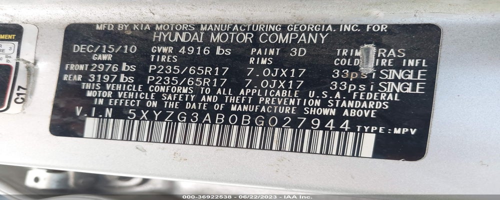 5XYZG3AB0BG027944 2011 HYUNDAI SANTA FE photo no. 9