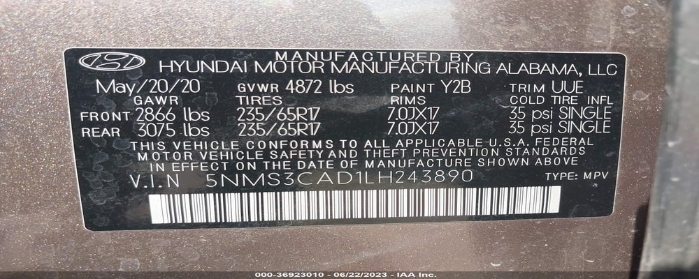 5NMS3CAD1LH243890 2020 HYUNDAI SANTA FE photo no. 9