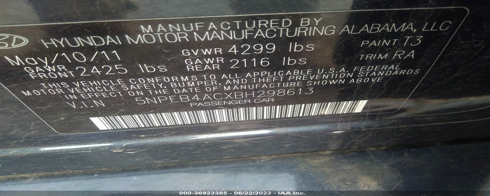 5NPEB4ACXBH298613 2011 HYUNDAI SONATA photo no. 9