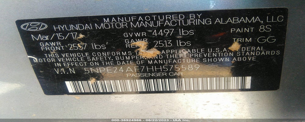 5NPE24AF7HH575589 2017 HYUNDAI SONATA photo no. 9