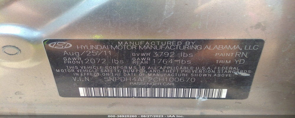 5NPDH4AE2CH100670 2012 HYUNDAI ELANTRA photo no. 9