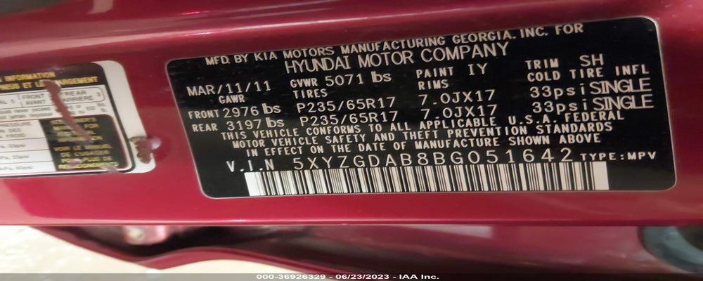 5XYZGDAB8BG051642 2011 HYUNDAI SANTA FE photo no. 9