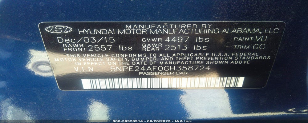 5NPE24AF0GH358724 2016 HYUNDAI SONATA photo no. 9