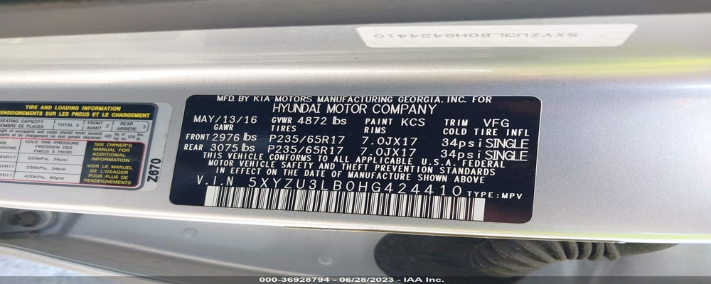 5XYZU3LB0HG424410 2017 HYUNDAI SANTA FE SPORT photo no. 9