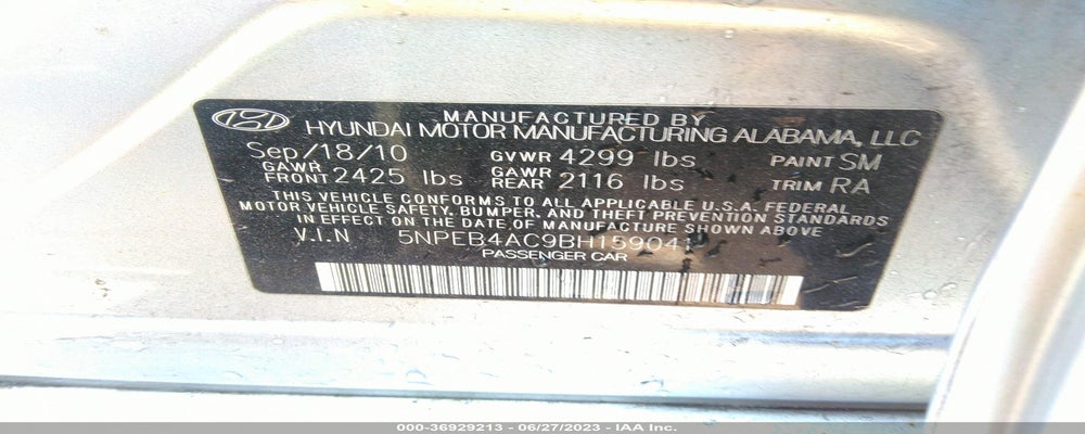 5NPEB4AC9BH159041 2011 HYUNDAI SONATA photo no. 9