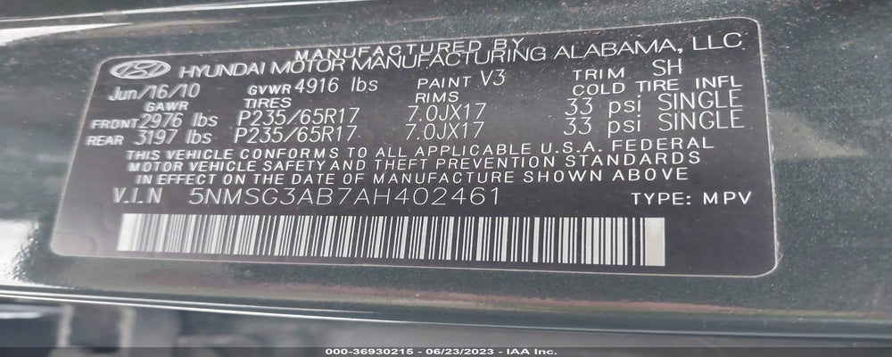5NMSG3AB7AH402461 2010 HYUNDAI SANTA FE photo no. 9