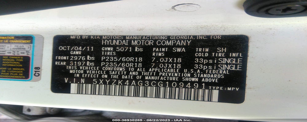 5XYZK4AG3CG109491 2012 HYUNDAI SANTA FE photo no. 9