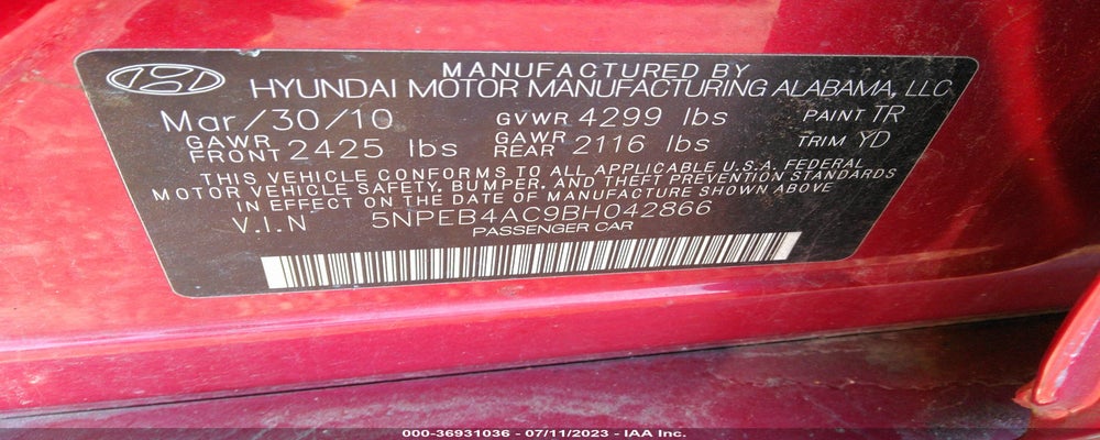 5NPEB4AC9BH042866 2011 HYUNDAI SONATA photo no. 9