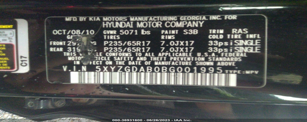 5XYZGDAB0BG001995 2011 HYUNDAI SANTA FE photo no. 9