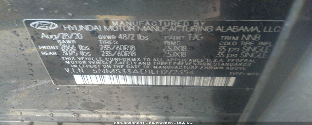 5NMS33AD1LH272354 2020 HYUNDAI SANTA FE photo no. 9