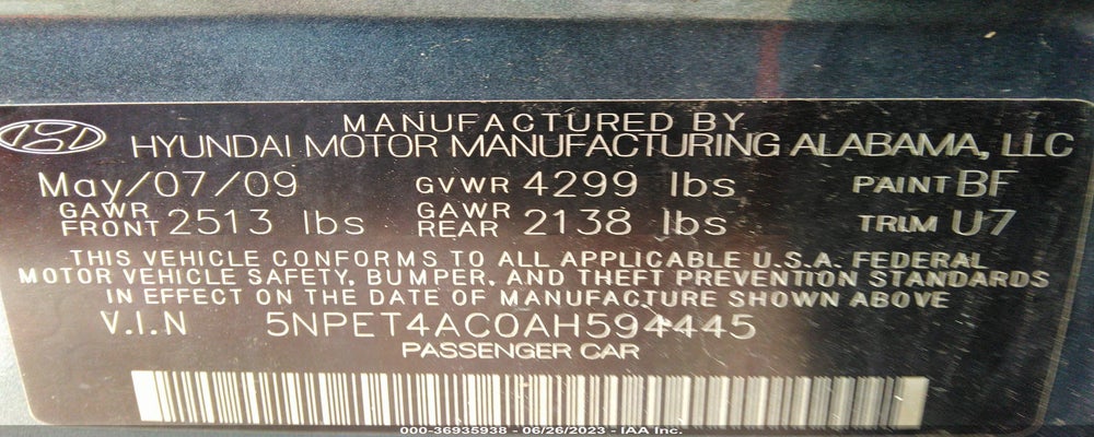 5NPET4AC0AH594445 2010 HYUNDAI SONATA photo no. 9