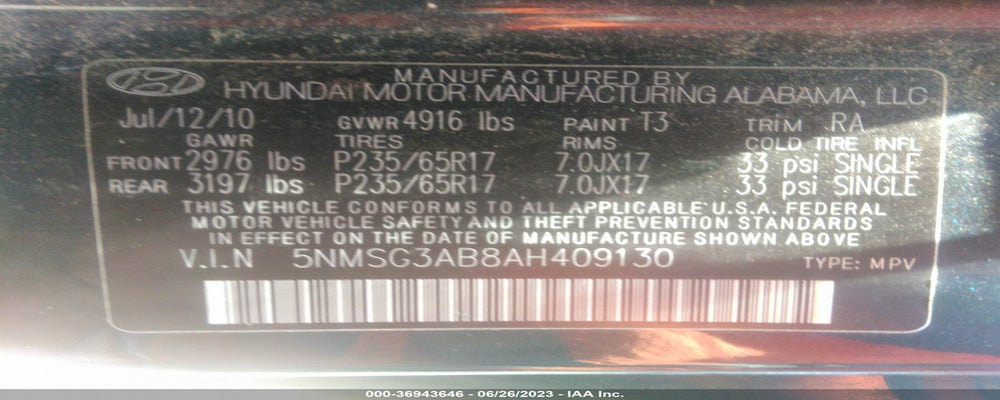 5NMSG3AB8AH409130 2010 HYUNDAI SANTA FE photo no. 9
