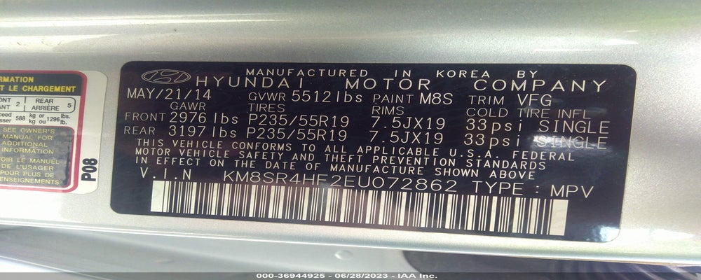 KM8SR4HF2EU072862 2014 HYUNDAI SANTA FE photo no. 9