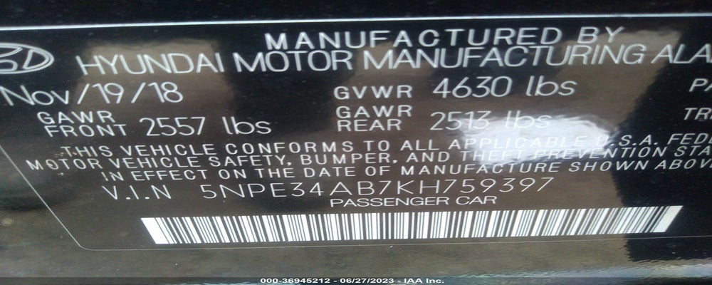 5NPE34AB7KH759397 2019 HYUNDAI SONATA photo no. 9
