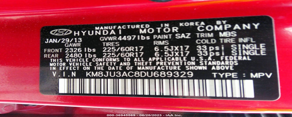 KM8JU3AC8DU689329 2013 HYUNDAI TUCSON photo no. 9