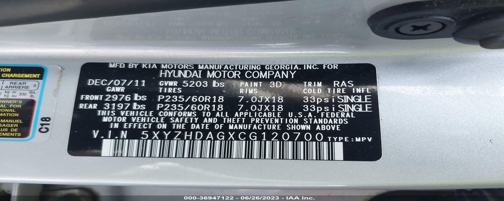 5XYZHDAGXCG120700 2012 HYUNDAI SANTA FE photo no. 9