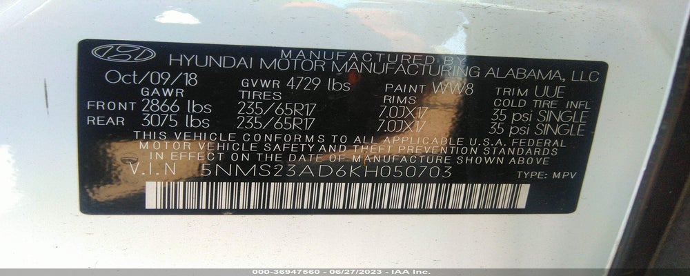 5NMS23AD6KH050703 2019 HYUNDAI SANTA FE photo no. 9