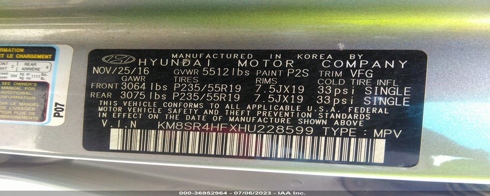 KM8SR4HFXHU228599 2017 HYUNDAI SANTA FE photo no. 9