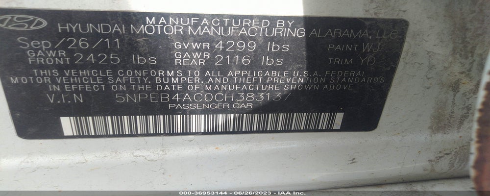 5NPEB4AC0CH383137 2012 HYUNDAI SONATA photo no. 9