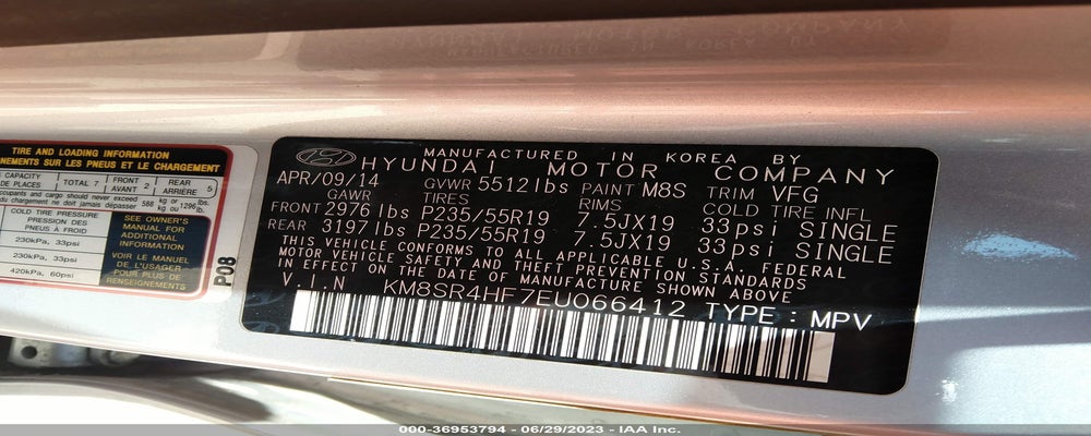 KM8SR4HF7EU066412 2014 HYUNDAI SANTA FE photo no. 9