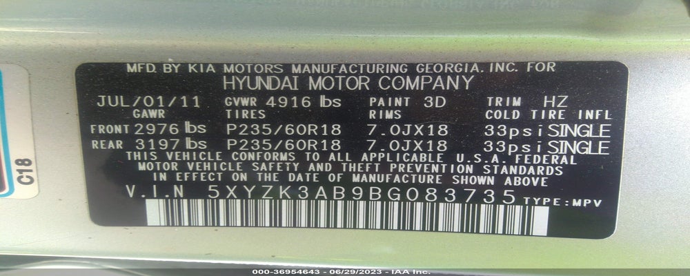 5XYZK3AB9BG083735 2011 HYUNDAI SANTA FE photo no. 9
