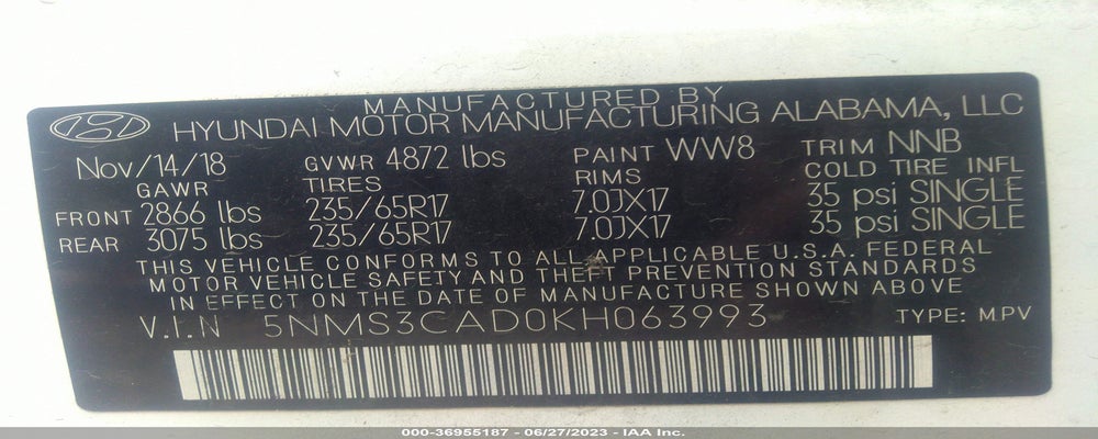 5NMS3CAD0KH063993 2019 HYUNDAI SANTA FE photo no. 9