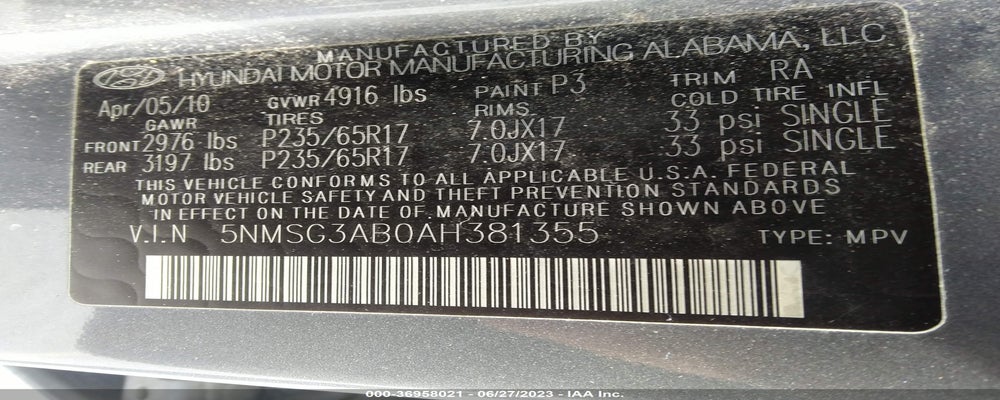 5NMSG3AB0AH381355 2010 HYUNDAI SANTA FE photo no. 9