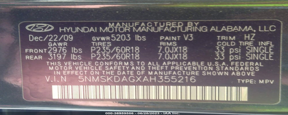 5NMSKDAGXAH355216 2010 HYUNDAI SANTA FE photo no. 9