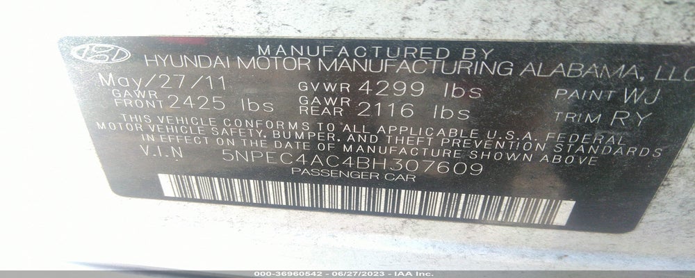 5NPEC4AC4BH307609 2011 HYUNDAI SONATA photo no. 9