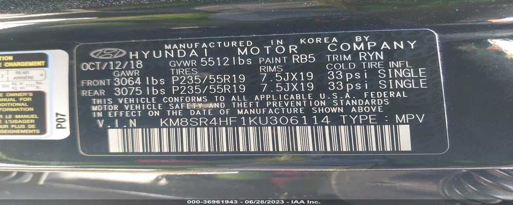 KM8SR4HF1KU306114 2019 HYUNDAI SANTA FE XL photo no. 9