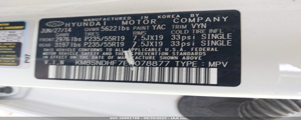 KM8SNDHF7EU078877 2014 HYUNDAI SANTA FE photo no. 9