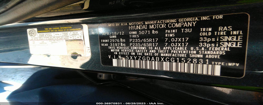 5XYZGDABXCG152831 2012 HYUNDAI SANTA FE photo no. 9