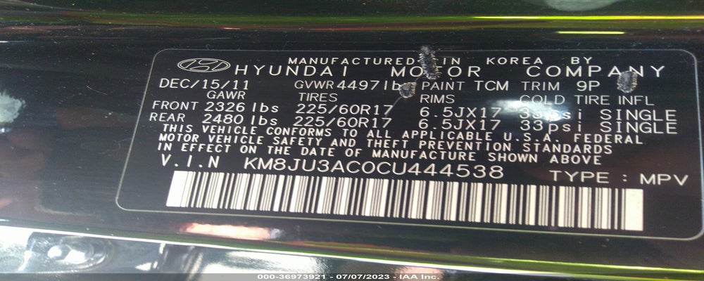 KM8JU3AC0CU444538 2012 HYUNDAI TUCSON photo no. 9