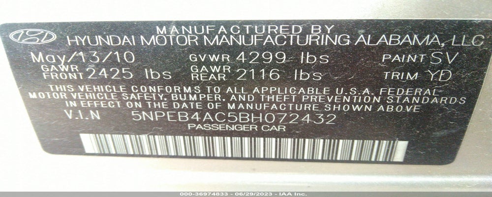 5NPEB4AC5BH072432 2011 HYUNDAI SONATA photo no. 9
