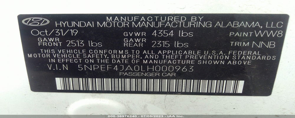 5NPEF4JA0LH000963 2020 HYUNDAI SONATA photo no. 9