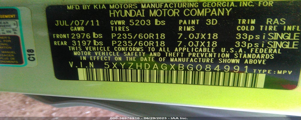 5XYZHDAGXBG084991 2011 HYUNDAI SANTA FE photo no. 9